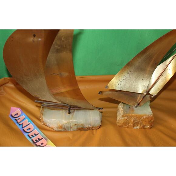 Vintage Pair Brass Metal Steel Onyx Sailboat Sculptures DeMott And Mario Jason - Picture 7 of 16